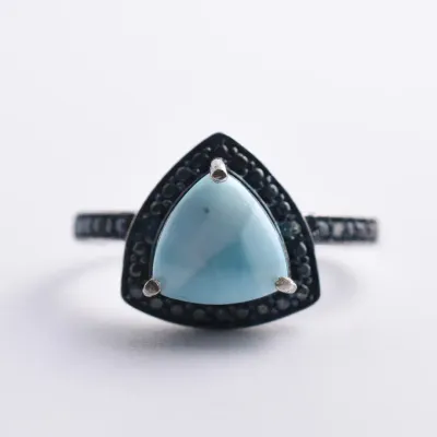 Larimar Cabochon & Black Diamond Sterling Silver Halo Ring