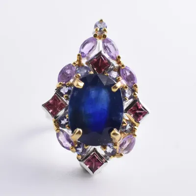 8.3ct Blue Sapphire, Amethyst, Rhodolite Garnet & Tanzanite Ornate Sterling Silver Ring