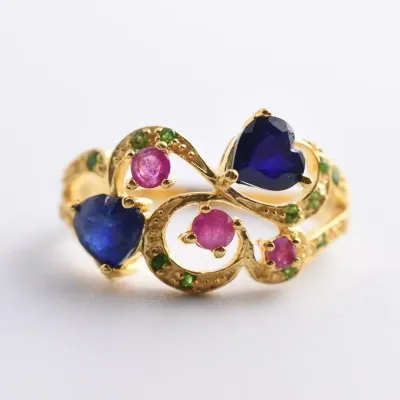 Blue Sapphire, Ruby & Chrome Diopside Sterling Silver Gold Vermeil Ring