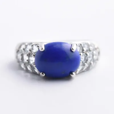 Lapis Lazuli Cabochon & Aquamarine Sterling Silver Ring