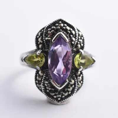 Amethyst, Peridot & Marcasite Sterling Silver Statement Ring