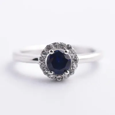 Blue Sapphire Sterling Silver Halo Ring