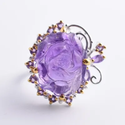 18ct Carved Amethyst Sterling Silver Floral Ring
