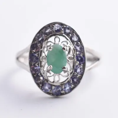 Emerald & Tanzanite Sterling Silver Halo Ring