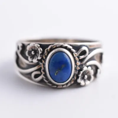 Lapis Lazuli Cabochon Sterling Silver Floral Ring 