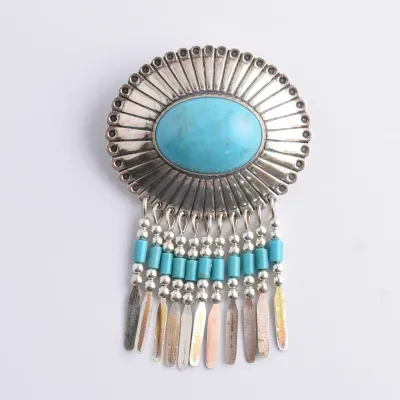 Signed Turquoise Cabochon Sterling Silver Southwestern Style Brooch
