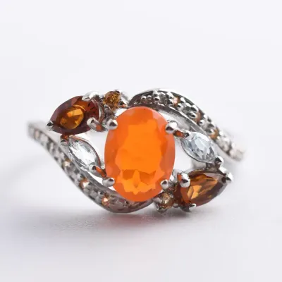 Orange Opal, Citrine, Aquamarine & Sapphire Sterling Silver Wrap Ring