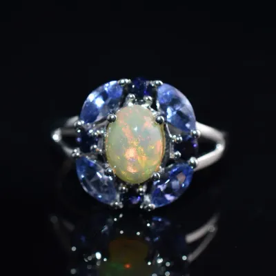 Fire Opal Cabochon & Tanzanite Sterling Silver Ring