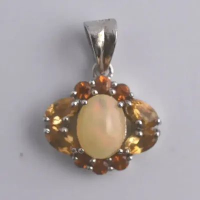 Fire Opal Cabochon & Citrine Sterling Silver Pendant