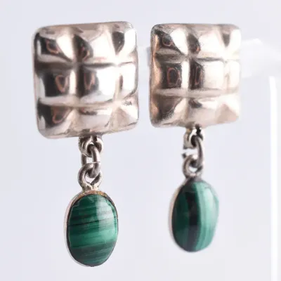 Malachite Cabochon Sterling Silver Dangle Earrings