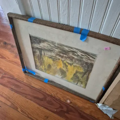 Sale Photo Thumbnail #59: Framed watercolor landscape painting featuring yellow foliage, set in a wide white mat and a dark wooden frame.