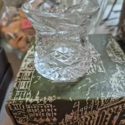 Sale Photo Thumbnail #9: Small cut crystal votive or toothpick holder sitting atop its original green decorative box.