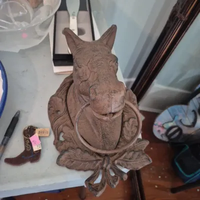 Sale Photo Thumbnail #6: Vintage cast iron horse head hitching post topper or door knocker with a rusted patina.