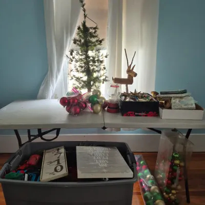 Sale Photo Thumbnail #105: Collection of Christmas decorations, including a small artificial tree, wooden reindeer figure, boxed ornaments, and a tote bin filled with holiday signs and decor.