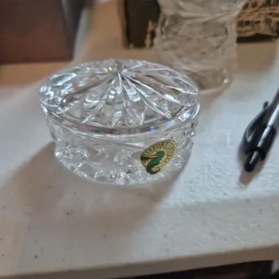 Sale Photo Thumbnail #8: Waterford Crystal round covered trinket dish featuring classic diamond cut details and original green foil maker's sticker.
