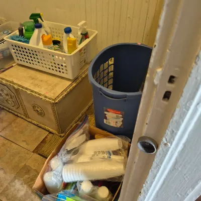 Sale Photo Thumbnail #25: Assorted household cleaning supplies in a white caddy, a tall blue Rubbermaid hamper, and a cardboard box filled with disposable plastic cups.