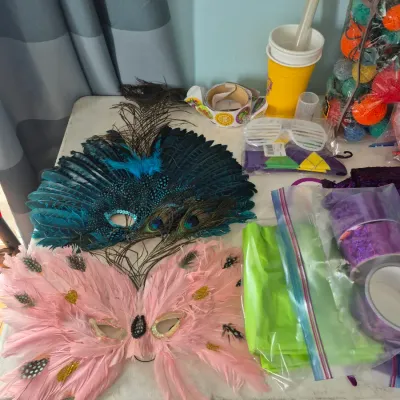 Sale Photo Thumbnail #88: Collection of Mardi Gras parade accessories featuring peacock-feathered and pink-feathered masquerade masks, novelty glasses, and crafting supplies.