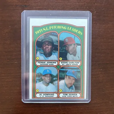 1972 Topps Baseball Card. NL Pitching Leaders - Tom Seaver, Steve Carlton. Card #93