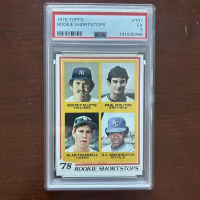 1978 Topps Baseball Card. Rookie Shortstops - Paul Molitor & Alan Trammell. PSA 5 EX. Card #707