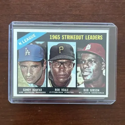 1966 Topps Baseball Card. NL Strikeout Leaders - Sandy Koufax, Bob Gibson. Card #225