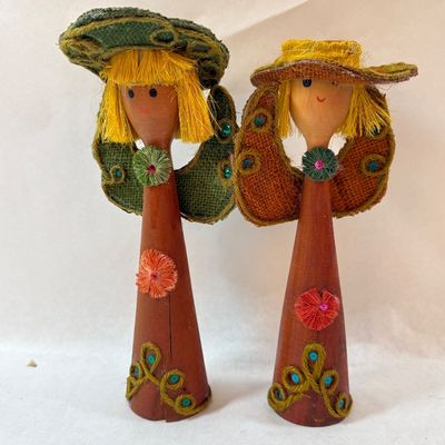 Pair of Vintage Mid-Century Wooden Angel Figurines - Made in Taiwan