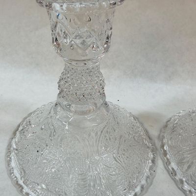 Pair of Vintage Cut Pressed Clear Glass Candlestick Holders