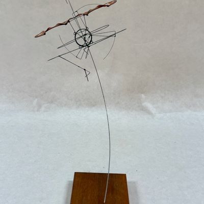 Wire Sculpture Airplane Mobile on Wood Base