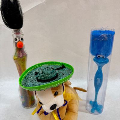 Vintage & Novelty Collectible Lot - Plush Dog in Sombrero, Sand Art Bottle & Pen