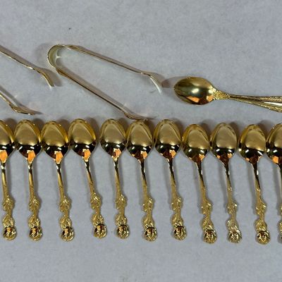 Vintage Gold Tone Demitasse Spoons and Sugar Tongs Set - Japan