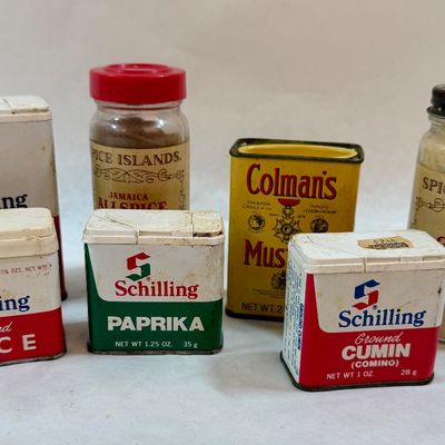 Vintage Spice Tins and Glass Jars Lot - Schilling, Colman's, Spice Islands