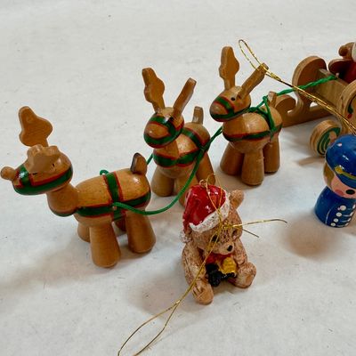 Vintage Wooden Christmas Ornaments Santa Sleigh Reindeer Toy Soldier Lot