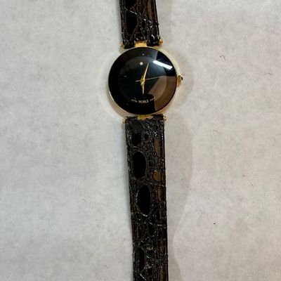 Vintage Noble Black Museum Dial Quartz Watch with Leather Strap