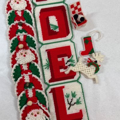 Vintage Handcrafted Christmas Decorations - Crochet Santa & Needlepoint NOEL