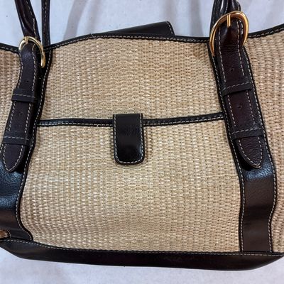 Woven Straw and Dark Brown Leather Shoulder Tote Bag