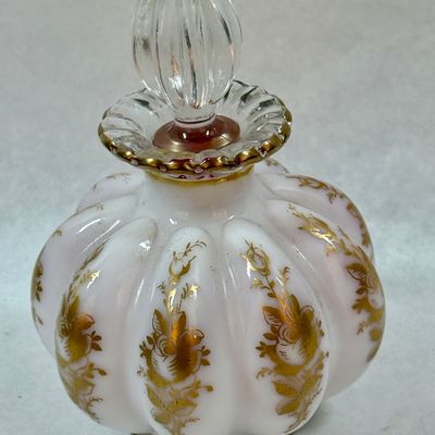 Vintage Hand-Painted Milk Glass Perfume Bottle with Stopper