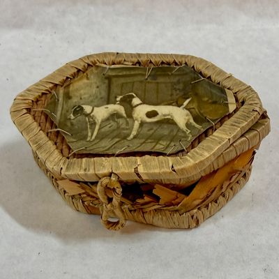 Vintage Small Woven Sweetgrass Basket with Hunting Dogs Image Lid