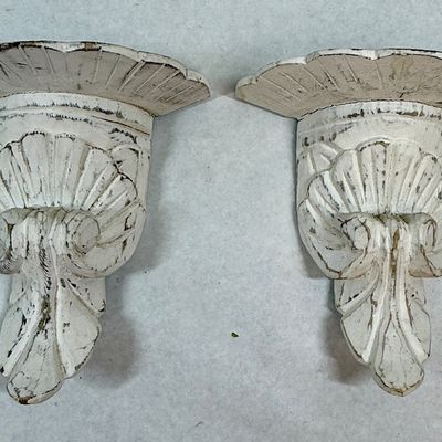 Pair of Vintage Distressed White Carved Wood Wall Sconces / Corbel Shelves