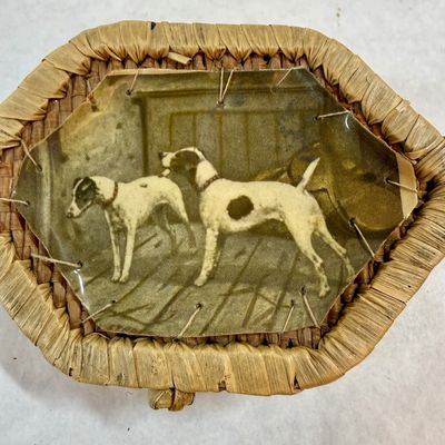 Vintage Small Woven Sweetgrass Basket with Hunting Dogs Image Lid