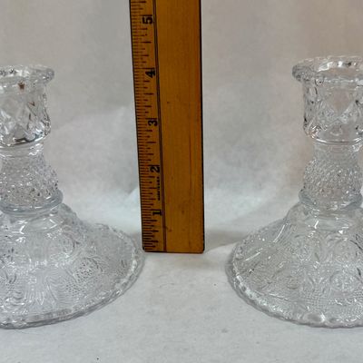 Pair of Vintage Cut Pressed Clear Glass Candlestick Holders