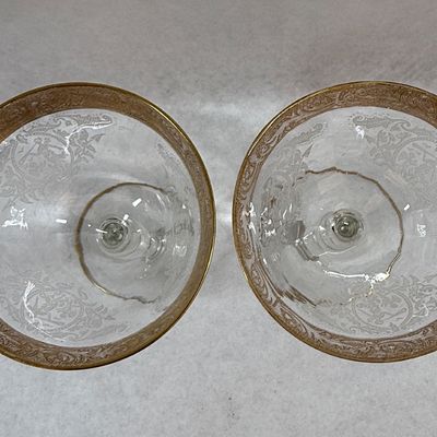 Pair of Vintage Etched Glass Cocktail Stemware with Gold Encrusted Rims