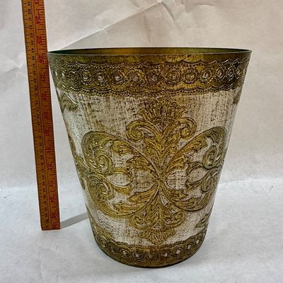 Vintage Italian Florentine Style Embossed Gilt Metal Wastebasket / Planter
