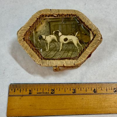 Vintage Small Woven Sweetgrass Basket with Hunting Dogs Image Lid