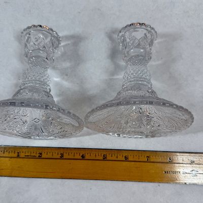 Pair of Vintage Cut Pressed Clear Glass Candlestick Holders