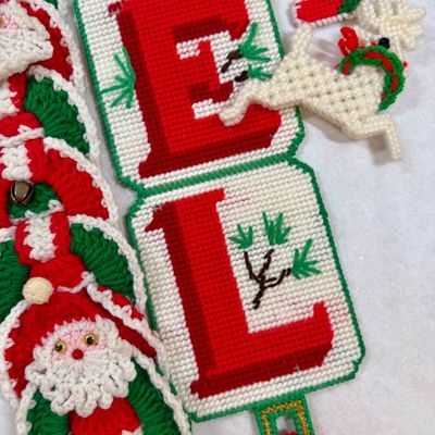 Vintage Handcrafted Christmas Decorations - Crochet Santa & Needlepoint NOEL