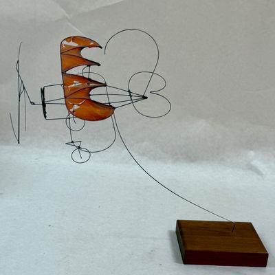 Wire Sculpture Airplane Mobile on Wood Base