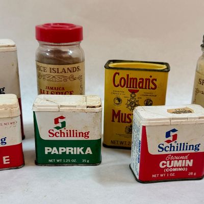 Vintage Spice Tins and Glass Jars Lot - Schilling, Colman's, Spice Islands
