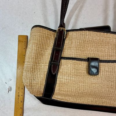 Woven Straw and Dark Brown Leather Shoulder Tote Bag
