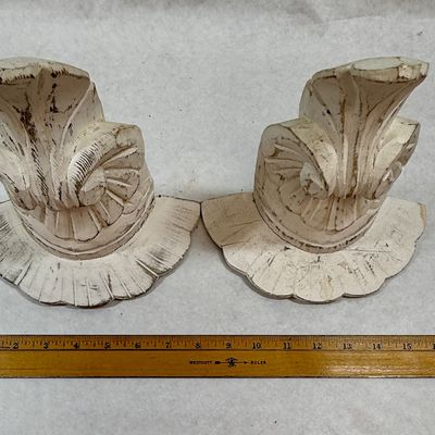 Pair of Vintage Distressed White Carved Wood Wall Sconces / Corbel Shelves