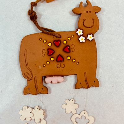 Vintage Hand-Painted Clay Cow Wind Chime Wall Hanging