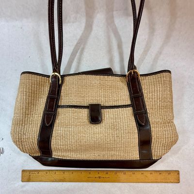 Woven Straw and Dark Brown Leather Shoulder Tote Bag